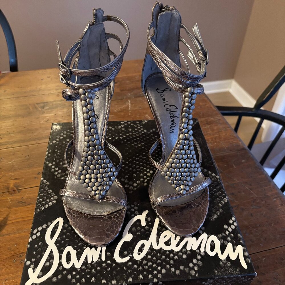Sam Edelman Nilla Pewter Boa Snake print gladiator studded high heel sandals -8M